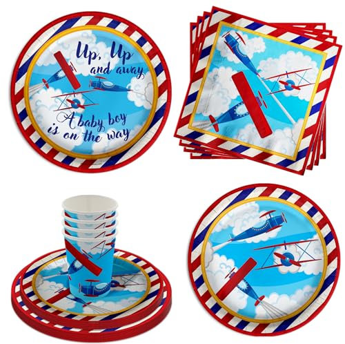 Up Up and Away Airplane Baby Shower Party Supplies 64 Piece Tableware Set Includes Large 9 Paper Plates Dessert Plates, Cups and Napkins Kit for 16