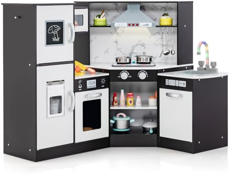 COSTWAY Cuisine d’Angle Enfants avec 16 Accessoires & Son & Lumière, Jeu de Cuisine Enfants avec Machine à Glaçon & Lave-Vaisselle Séparé, Tableau Noir pour 3 Ans+(Noir)