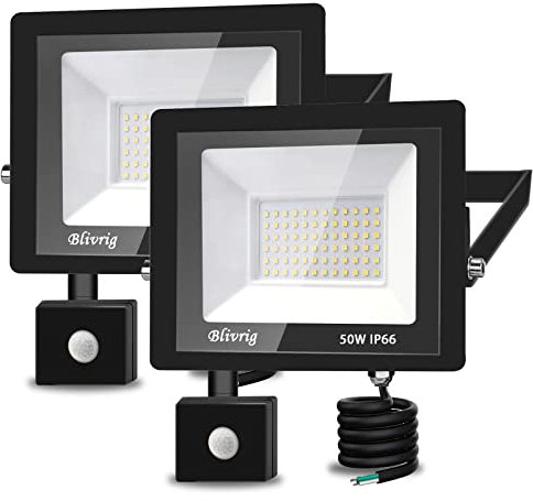 Proyector LED de 50 W con sensor de movimiento exterior, súper brillante, 6500 K, 5000 lm, blanco frío, impermeable IP66, para jardín, patio, 2 piezas