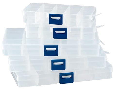 DSM-Verbindungstechnik Set aus 5 Sortierboxen mit verstellbaren Fächern aus Kunststoff | Aufbewahrungsbox Organizer Sortimentskasten Perlenbox | 2 Boxen 10 Fächer, 3 Boxen 15 Fächer