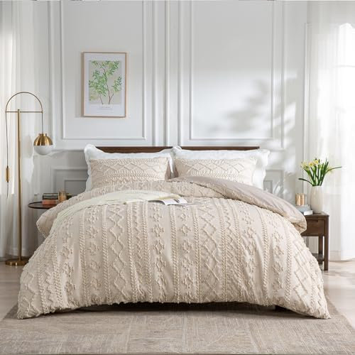 DXHOME Getuftet Bettwäsche Bettwäsche 135x200 Beige Creme Boho Stickerei Unifarben Bohemian Style Geometrische Weiche Microfaser Bettbezug mit Reißverschluss + 1 Kissenbezug 80x80 cm