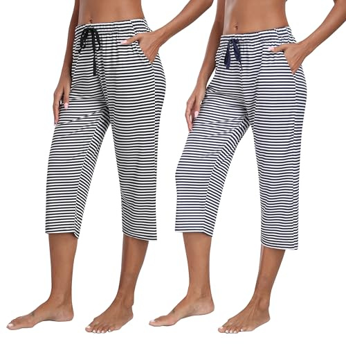 JINSHI Womens Cropped Pyjamas Bottoms Lounge Capri Pants Soft Modal Pyjama Trousers Sleepwear with Pockets 2-Pack Stripe A Size L