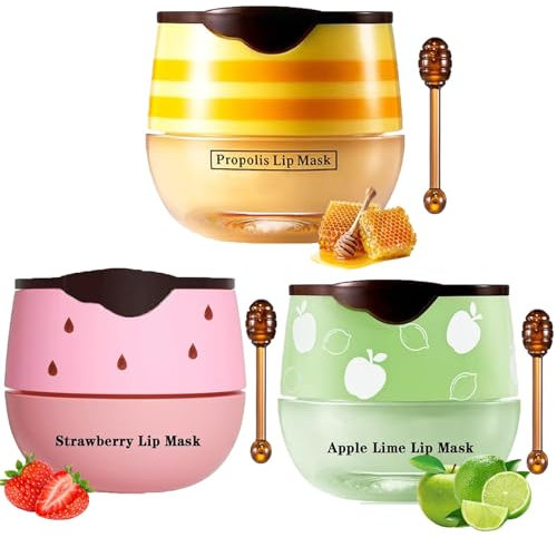 3Pcs Bee Lip Balm Honey Pot with Stick, Lip Mask Day And Night Repair and Care, Moisturizing Lip Sleeping Mask, Silky Hydrate Repair Prevent Dry Cracked Lip Exfoliator(Honey+Strawberry+Apple Lime)