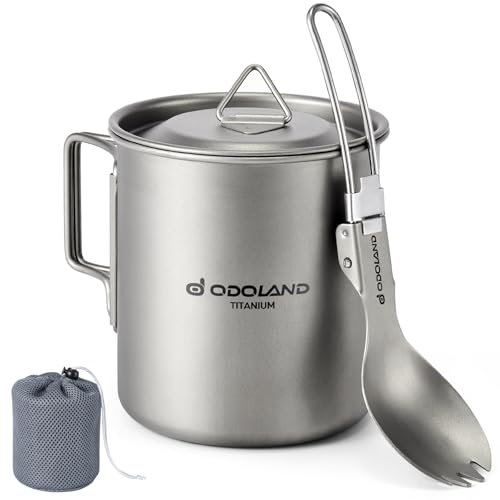 Odoland Maceta de titanio, taza de titanio de 420 ml, taza de café de titanio para camping con tapa y tenedor, mango plegable para camping, senderismo, viajes y mochileros