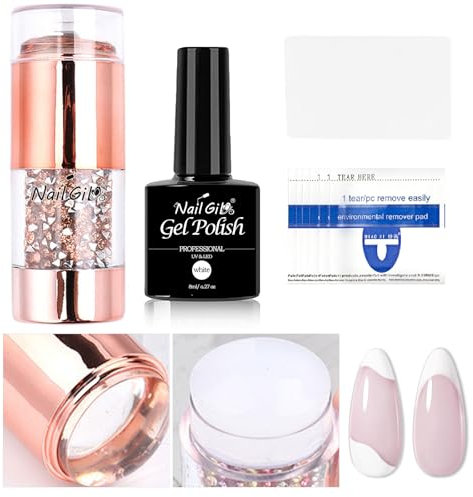 NAILGIL French Nails Stempel Set, 9pcs Nagelstempel mit weißem Gel Nagellack, Klarer milchig-weißer Silikon Nagelstempel Doppelkopf für French Style Transfer Nail Stamping Set Salonqualität