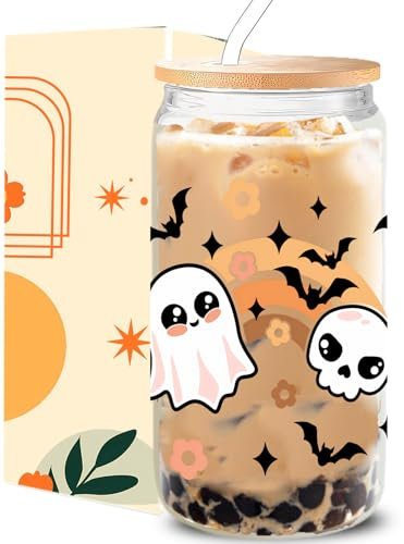 KIKUHE Tazza di Halloween, 473,6 ml, simpatica tazza di vetro fantasma con teschio e fantasma, tazza da caffè freddo spettrale, regalo di Halloween, divertenti tazze di Halloween per donne, bambini,