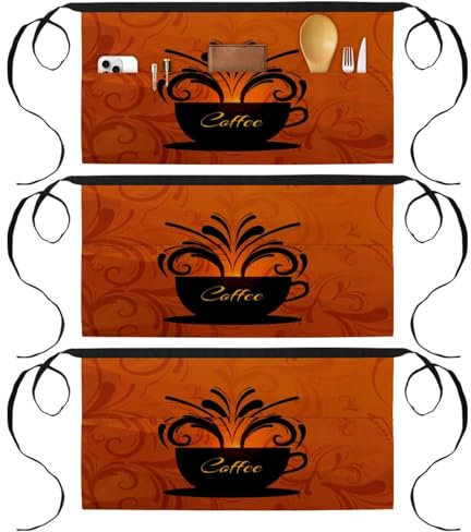 VAPOKF Lot de 3 tabliers courts de chef avec 3 poches, demi-tablier pour cuisine, pâtisserie, nettoyage de la maison, restaurant, travail, bistrot, bar – Tasse à café vintage, multicolore,