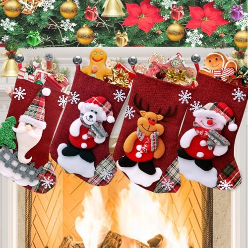 ZFHLZJY Weihnachtsstrumpf,4 Stück Weihnachtsdeko Socken,Nikolausstrumpf,Weihnachtsstrümpfe Socken,Anhänger Weihnachtsdeko,Bonbontüten,Weihnachtsdeko für Kamin, Wand, Treppe, Weihnachtsbaum