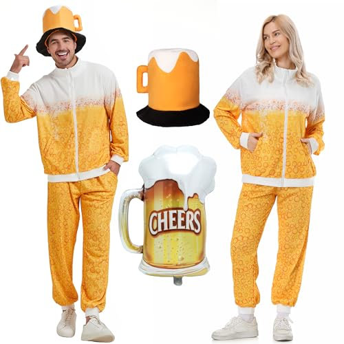 KUKIKUKI Bier Trainingsanzug Kostüm für Männer Frauen Retro 80er Jahre Outfit Bier Jogginganzug Karnevalskostüm (DE/NL/SE/PL, Alphanumerisch, M, Regular, Regular, Gelb)