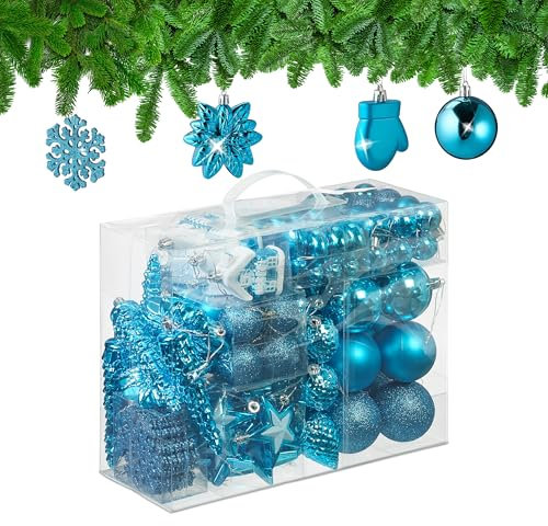 Relaxdays Weihnachtskugeln 100er Set, glitzernd, matt & glänzend, Baumschmuck, Kunststoff, 10 versch. Designs, türkis