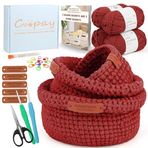 Coopay häkelset Anfänger 3 Größen rund Häkelmuster Bastelset für Körbe mit häkeligem Garn häkelwolle zum Lernen häkeln