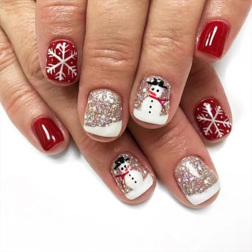 24pcs Christmas False Nails, Christmas Nails Short, Cute Stick On Nail With Red Nail Silver Glitter Snowflake Snowman Design, Glue On Nails for Women for DIY Nail Art
