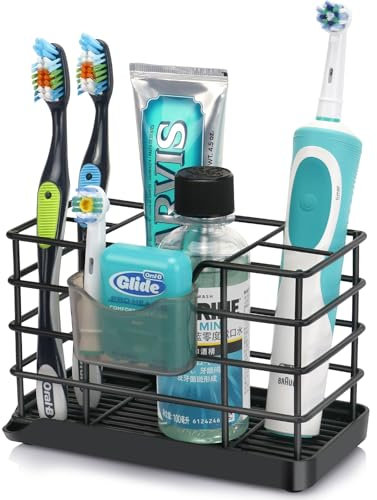 CHONLY Stainless Steel Toothbrush Holder, Detachable Drain Tray Electric Toothbrush Holder, Large Space Toothbrush Holders for Bathroom, Black Bathroom Organizers, 5 Slots Bathroom Counter Organizer