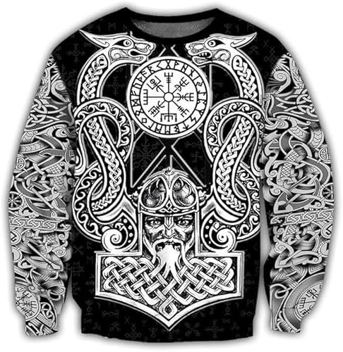 Viking Warrior Tattoo Hoodie For Men, Vintage Sweatshirt With Thor Hammer/Valhalla Design, Norse Mythology Skull Print Pullover(Thor Hammer Sweatshirt,M)