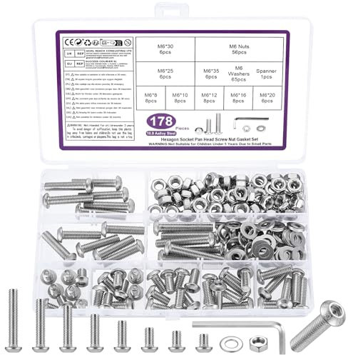 178 Pz Set di Viti M6, Bulloni e Dadi Set, Viti a Testa Cilindrica con Esagono Incassato, Kit di Assortimento di Bulloni a Testa Tonda Esagonale e Dadi e Rondelle (M6)