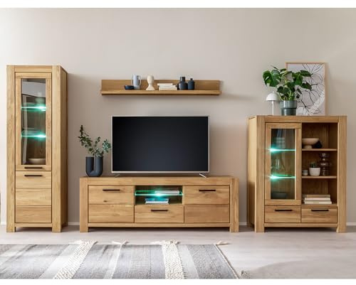 Lomadox Wohnwand Wohnmöbel Set Eiche teilmassiv geölt 4-teilig, 1 Vitrine, 1 Wandboard, 1 Lowboard, 1 Highboard, inkl. LED-Beleuchtung | Echtholz/Massivholz/Furnier
