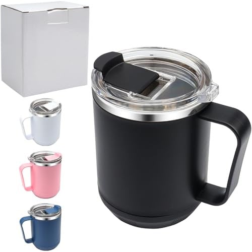 Roellgs Coffee Mug 460ml (16oz), Double Wall Vacuum Insulated Stainless Steel Coffee & Tea Cup w/Non-Slip Handle & Slider Module Lid & Large Volume (Black)
