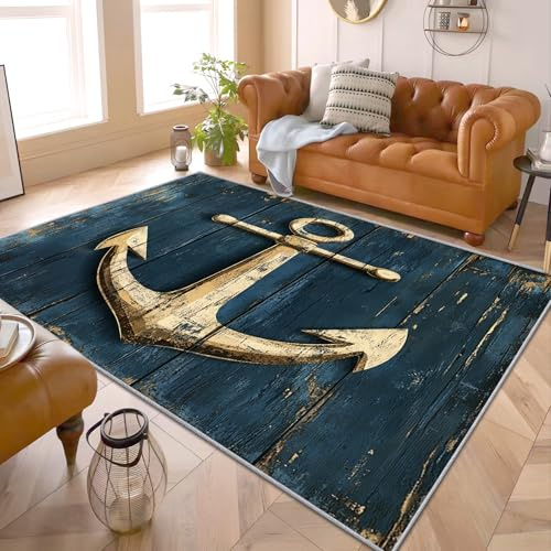Teppich Mit Ankermotiv - Teppich Wohnzimmer Schlafzimmer Nautischer Ankermotiv, Großer Teppich Maritim, Weich Kurzflor & Waschbar & rutschfest Teppich, Kinderteppich, Bettvorleger 140x200 cm