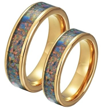 Lirzxin Partnerringe Wolfram, Herren Damen Ringe für Verlobung Ring mit Gravur Paar Poliert Rund 8MM mit Bunt Opal Gold Frauen Größe 60 (19.1) & Männer Gr. 70 (22.3)