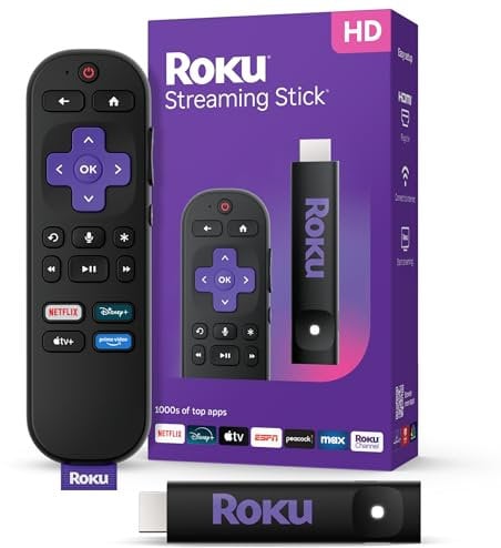 Roku Streaming Stick HD 2025: Dispositivo de transmisión Roku para TV con Control Remoto de Voz, TV Gratis y en Vivo