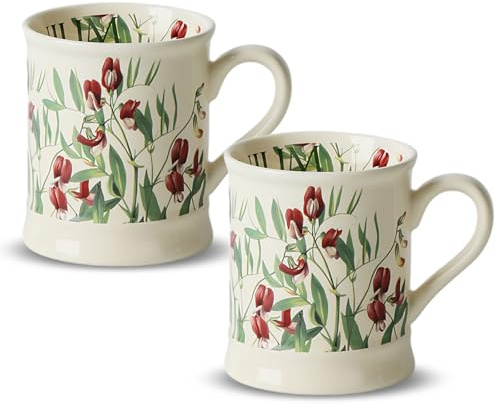 Kaffeetassen 2er Set, 380ml Blumenmuster Porzellan Kaffeebecher (Geranie) | Vintage Blume Große Porzellan Teetasse mit Griff für Cappuccino, Kaffee, Tee, Büro Geschenk Becher Set