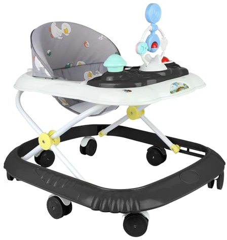 Trotteur Pousseur bébé 4en 1 évolutif, assis à debout, Trotteur Bébé Garçon Fille Evolutif,6 roues anti-chute, réglage à 4 vitesses musique, assiette à dîner,Noir