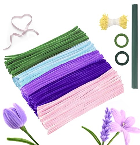 Pfeifenreiniger Pfeifenputzer zum Basteln Blumen: 500 Pfeifenreiniger Blumen Set mit 20 grünen Gel-Blumenstäben, Pipe Cleaner Flower Set für handgefertigte Blumensträuße und DIY-Dekorationen (Purple)