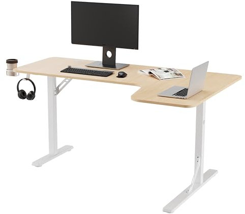 R-Desk 160 L Version Droite Wood – Bureau d’Angle Bois Clair 160x100 cm – Plateau épais 1,6 cm en L – Pieds métal Blanc – Idéal télétravail, Gaming, Setup Multi-écrans
