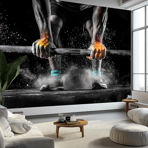 Fototapete Fitness, Gewichtheber Motiv Vlies Tapeten Wandbilder 200x140 cm | Modernes Sportmotiv Wandtapete, Schwarz Fototapeten für Wohnzimmer Schlafzimmer Kinderzimmer Gym & Heimstudio Wand Dekoration