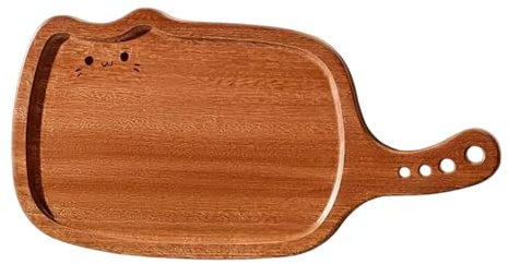 MiOYOOW Bandeja de madera para servir, plato con forma de gato, tabla de cortar 2 en 1 con asa y orificios para colgar aperitivos, bistecs y decoración del hogar
