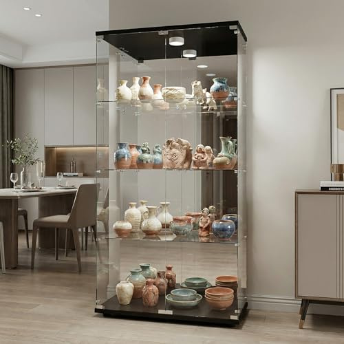 Zorvani Vetrinetta in Vetro,Vetrinetta Espositiva LED,Vetrina Soggiorno Moderna con 4 Ripiani in Vetro con 2Porta e Serratura,Vetrine per Collezionismo,Vetrina negozio (Nero+LED 1, 164x80.5×36.5cm)