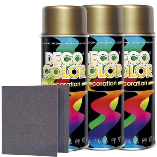Craft-Equip DC 3er Sparpack Lackspray nach RAL in 400ml zur Lackierung von Auto Stahl Aluminium Beton Holz und 2 Stück Schleifpads (3 Dosen in goldlack glanz + 2 Stück Schleifschwamm)