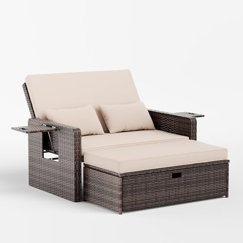 UDPATIO Divano da Giardino in Rattan 2 Posti con Poggiapiedi, Salotto da Esterno con Cuscini Imbottiti e Struttura in Acciaio Antiruggine, Poltrona Relax per Terrazzo e Balcone - Beige