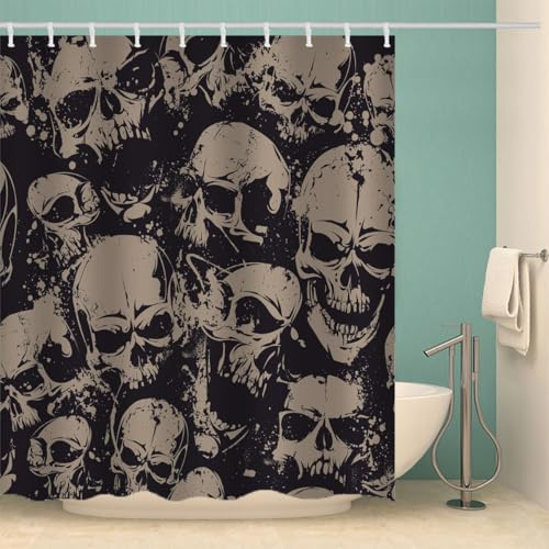RFFLUX 3D Schädel Duschvorhang Anti Schimmel 180x180 cm mit 12 Haken Gothic Totenkopf Duschvorhänge Anti-Bakteriell Waschbar Wasserdicht Polyester Badvorhänge für Badezimmer（Stil 121-4）
