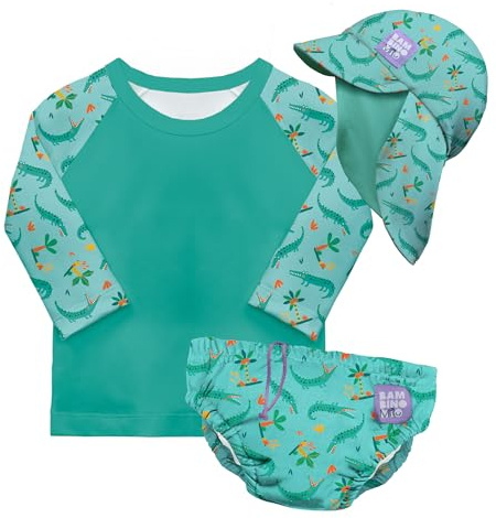 Bambino Mio Conjunto de pañales de natación reutilizables para bebé y niño pequeño unisex (1-2 años) COCODRILO ASTUTO, protección UPF 40+ | pañales de baño, camiseta y gorro de baño