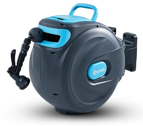OUTIGO Enrouleur Tuyau Arrosage Mural 25m, Rembobinage Auto avec Verrou et Support Pivotant 180°, Dévidoir de Tuyaux d'Eau avec Buse à 8 Modèles pour Arroser le Jardin et Nettoyer la Voiture
