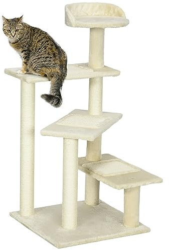 PawHut Árbol para Gato Rascador Poste para Arañar con Cama Plataforma con Manta de Sisal 50x50x100cm Terciopelo Beige