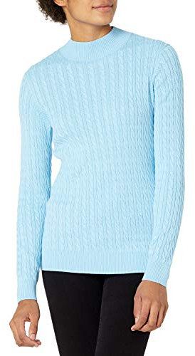 Amazon Essentials Damen Leichter Langarm-Pullover mit Stehkragen und Zopfmuster in klassischer Passform, Himmelblau, L