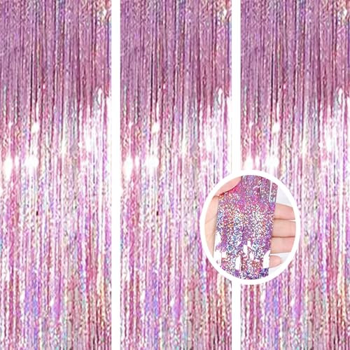 AILEXI 3er Pack Metallic Lametta Vorhänge Folie Fransen Schimmer Luftschlangen Vorhang Tür Fenster Dekoration für Geburtstag Hochzeitsfeier Lieferungen 3ft * 8ft - Laser Rosa
