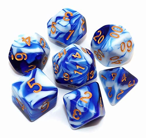CREEBUY Polyedrisches Würfelset für Dungeon and Dragons, COC, Rollenspiele, Tischspiele, 7-teiliges Würfel-Set, mit Würfelbeutel, Blau mit Weiß