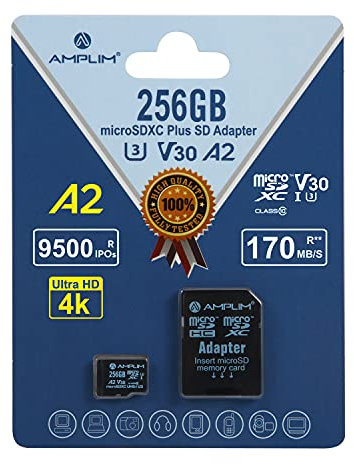 Amplim Micro SD Card 256GB | MicroSD Memory Plus Adapter | Extreme High Speed 170MB/S A2 MicroSDXC U3 Class 10 V30 UHS-I for Nintendo, GoPro Hero, Surface, Phone, Camera Cam, Tablet