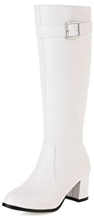 MGYQ Stivali Alti Donna Moda Invernali Punta Rotonda Equitazione Stivale sopra al Ginocchio Tacco Alto con Cerniera Laterale Stivali Stivali Tacco A Blocco,Bianca,34 EU