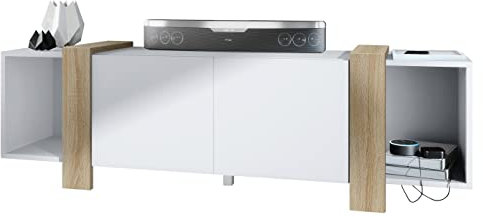 Vladon Lowboard Ida 149 x 45,5 x 34 cm TV-Board mit 4 Fächern und PTO-Türen, Made in Germany, Korpus in Weiß matt, Blenden in Eiche sägerau | Große Farbauswahl