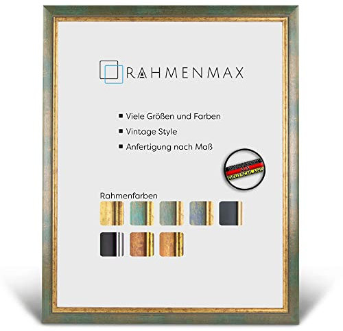 RahmenMax® Elsass Bilderrahmen 30x42 cm zum Aufhängen/Vintage Bilderrahmen Maßanfertigung möglich/Posterrahmen aus Holz/Bilder Rahmen in Grün-Gold mit Acrylglas/Puzzle Rahmen