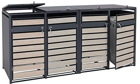 4er Mülltonnenverkleidung HWC-J81, Mülltonnenbox, erweiterbar, Metall 100kg, anthrazit - Buche-Holzoptik Hellbraun