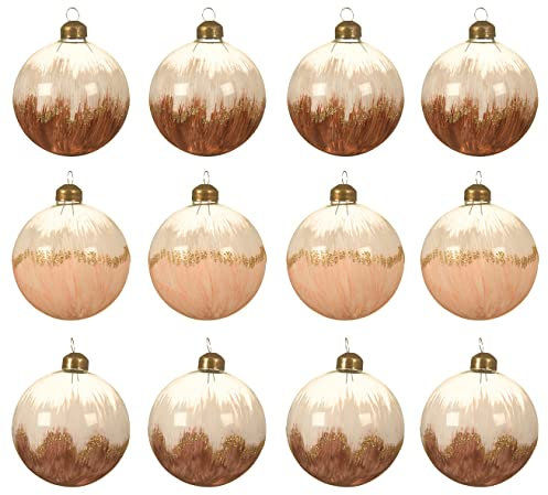 Kaemingk Weihnachtskugeln Glas 8cm x 12 Stück mit Farbverlauf Glitzer bemalt Christbaumkugeln braun/beige