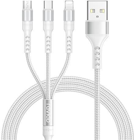RAVIAD 3 en 1 Multi USB Câble en Nylon Tressé avec Micro USB Type C Lightning Connecteurs pour iPhone, Samsung Galaxy S22 S21, Huawei P30, Honor, OnePlus, Wiko, Kindle 1.2M