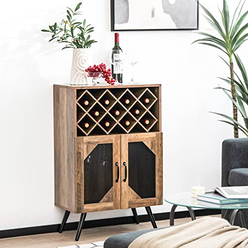 GYMAX Mobile Portabottiglie Rimovibile, Contene 11 Bottiglie di Vino e 6-9 Bicchieri, Armadietto Credenza Scaffale per Soggiorno, Bar, Antiribaltamento, 59,5 x 35 x 93,5 cm, Marrone Industriale
