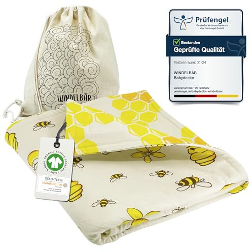 Windelbär Babydecke 100% Bio Baumwolle [GOTS & ÖKOTEX zertifiziert] 1 STK Kuscheldecke Bienen 75x100 Baby Erstausstattung Neugeborene Krabbeldecke Sommerdecke Schmusedecke Erstausstattung Baby Blanket
