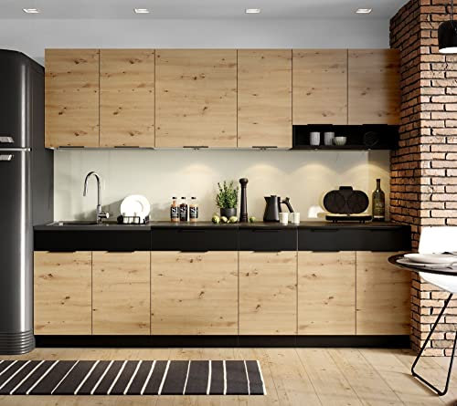 JUANIO Cocina Completa Erika 8 Elementos Color Roble Artesano/Negra con encimera incluida - Longitud 260 cm